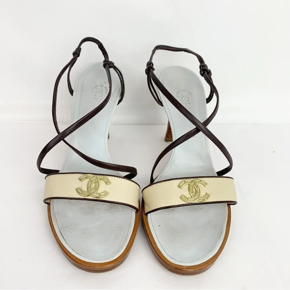 Chanel Blue / Brown Wooden Sole Strappy Heels Pumps 37 1/2 - Picture 4 of 13